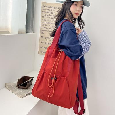 Japan and Korea Drawstring Back Shoulder Bag Harajuku Large-capacity Student Schoolbag Casual Fashion Pleated Simple Canvas Shoulder Bag