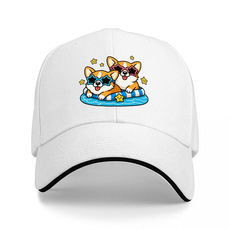 Corgi-Hunde-Sommer-Pool-Schwimmkappe, cooles Cartoon-Haustier-Sonnenbrillen-Design, schwarzer verstellbarer Hut für Erwachsene