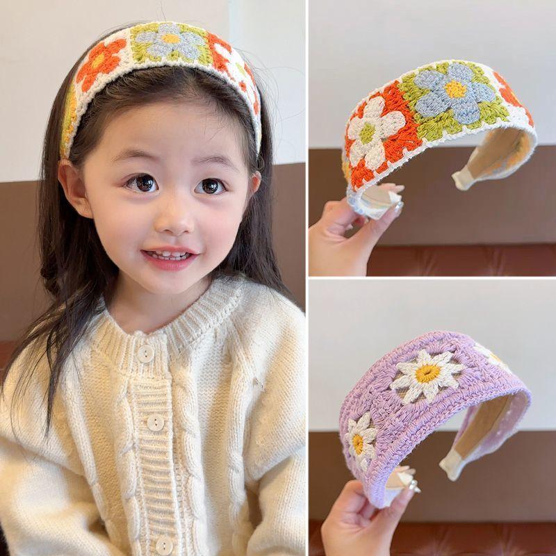 Children's sweet knitted embroidery wool flower headband girl finishing broken hair artifact wide edge headband hair accessories hairpin