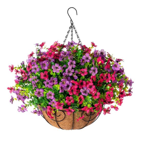 Künstliche Blumen Hängekorb Kunstblumen mit Eukalyptusblättern Hängepflanzer Enthält Blumen für Frühling Sommer Veranda Garten Terrasse