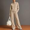 Women Stand Collar Button Front Track Suit Set Long Sleeve Top Wide Leg Pants Two Piece Outfit