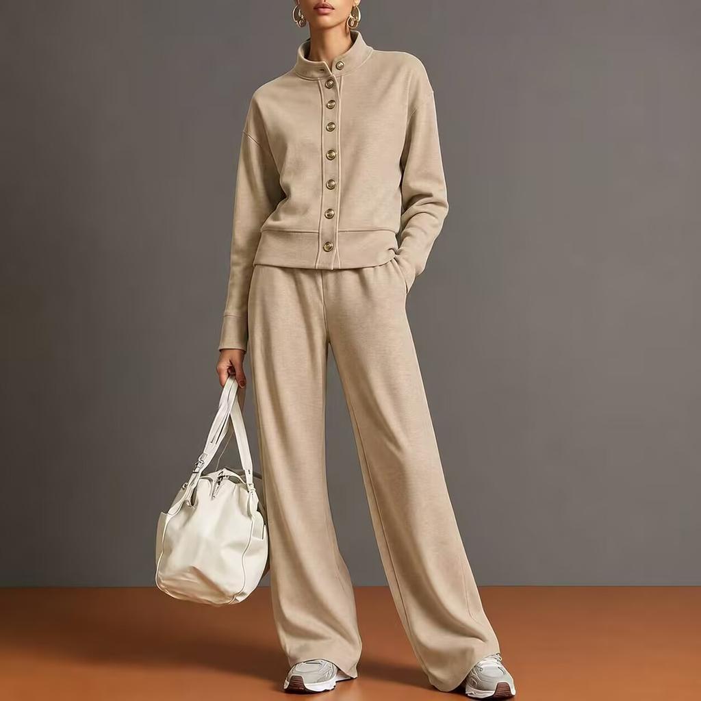 Women Stand Collar Button Front Track Suit Set Long Sleeve Top Wide Leg Pants Two Piece Outfit