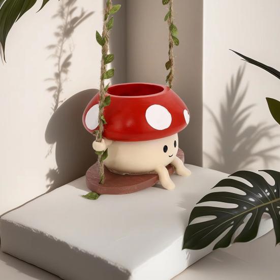 Hanging Planter Pot Indoor Outdoor Decorative Swing Flowerpot Cute Cartoon Mushroom Shaped Vase Ornament