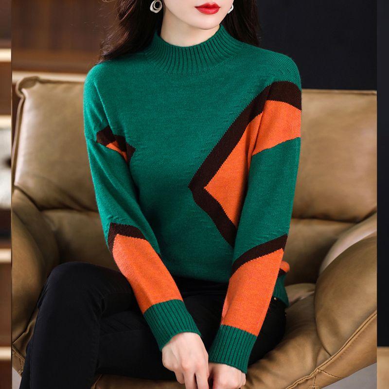 Women Knitted Sweater Pullover Autumn Winter New Korean Long Sleeve Loose Casual Color Block Sweater Fashion Female Tops