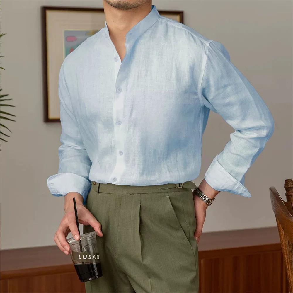 

Весна Лето Рубашка с длинным рукавом Хенли Дышащая Легкая Базовый стиль Повседневные рубашки Мода Мужская Повседневная одежда XXXL небесно-голубой