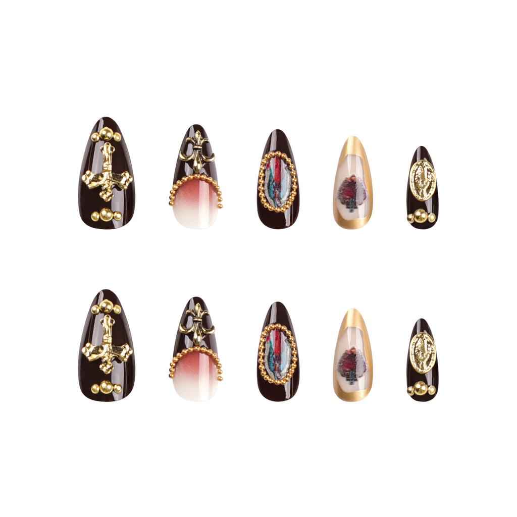 24 Pieces Europe and The United States Wear Nail Relief Cross Manicure Virgin Portrait Manicure Piece Love Gem Dark Brown Nail Piece