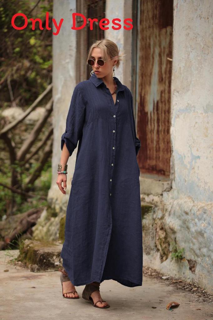 Cotton Linen Long Dress With Shirt Collar For Elegant Casual Wear