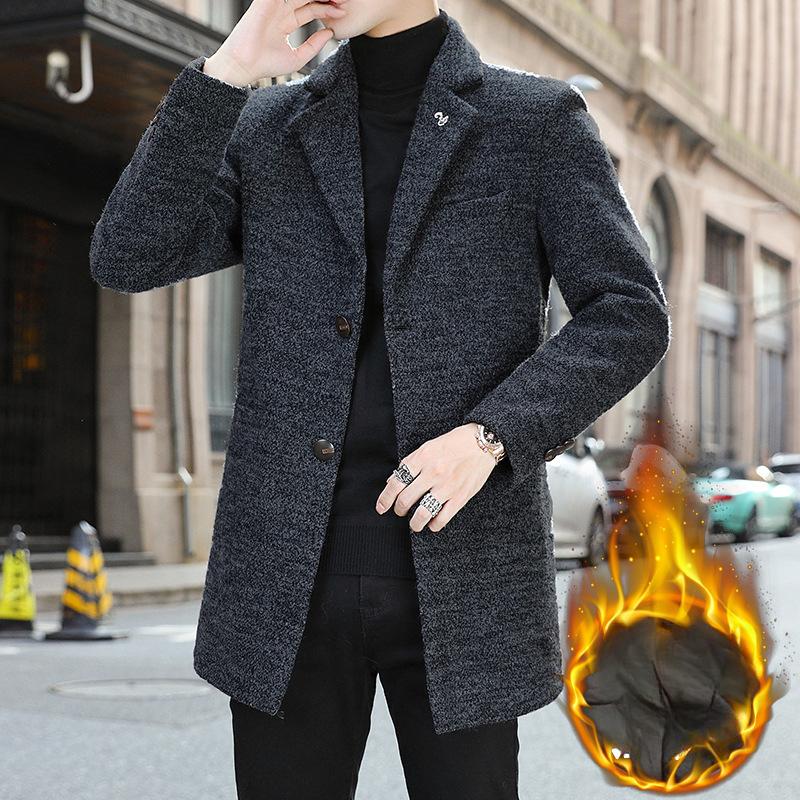 Hong Kong Style Trend Woolen Coat Men's Autumn and Winter Trench Coat Medium and Long Cotton Thickened Men's Woolen Coat