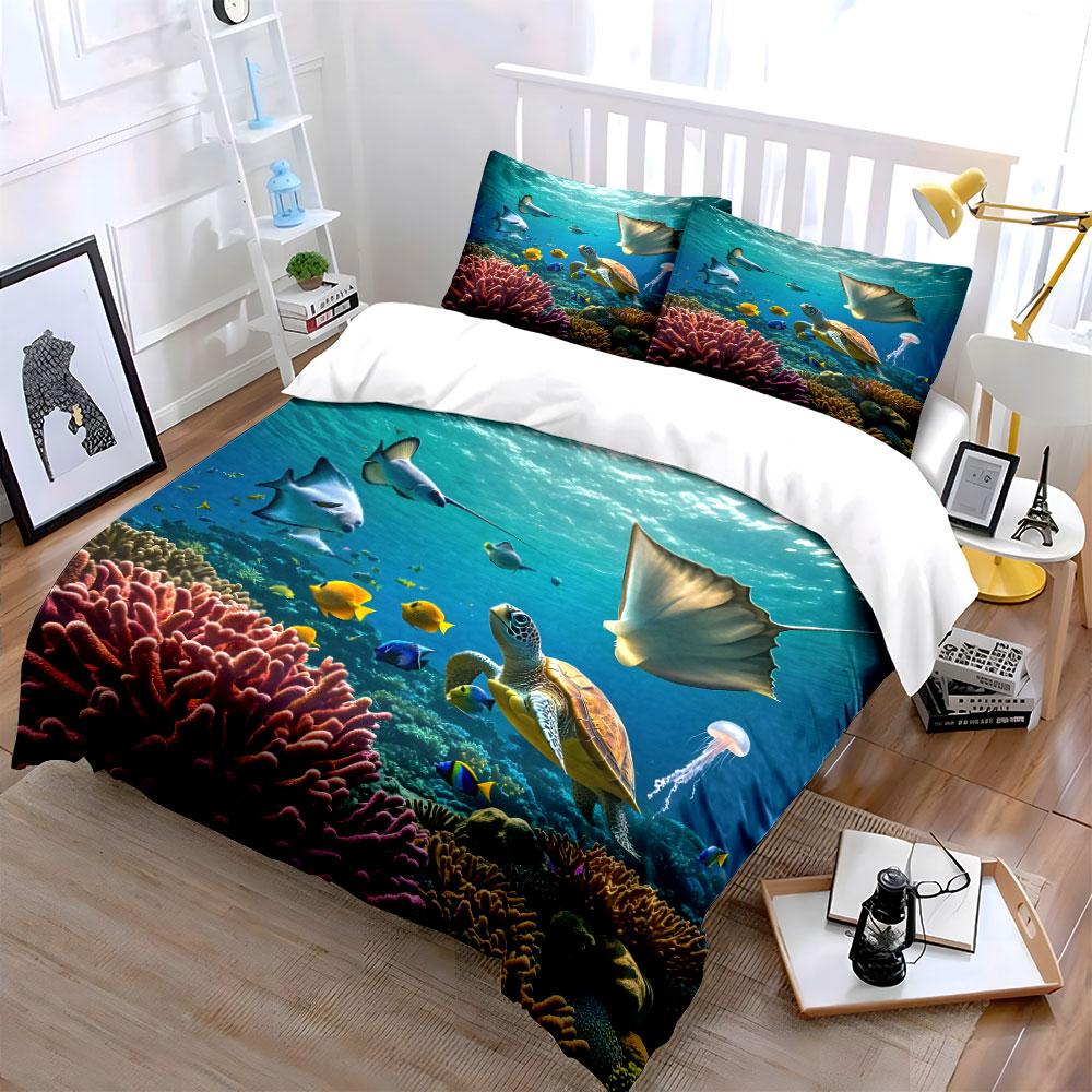 Underwater Colorful Creatures And Corals Printed Duvet Cover Set1 Duvet Cover+2 Pillowcasemulti Size Bedroom Bedding Decor
