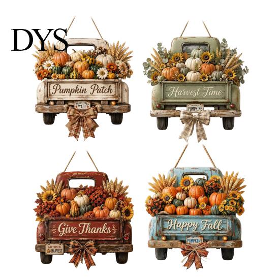 Wooden Hanging Sign for Front Door Harvest Pumpkin Truck Door, Fall with Theme Wall Art Hemp Rope, Distressed Farmhouse Welcome Sign, Autumn