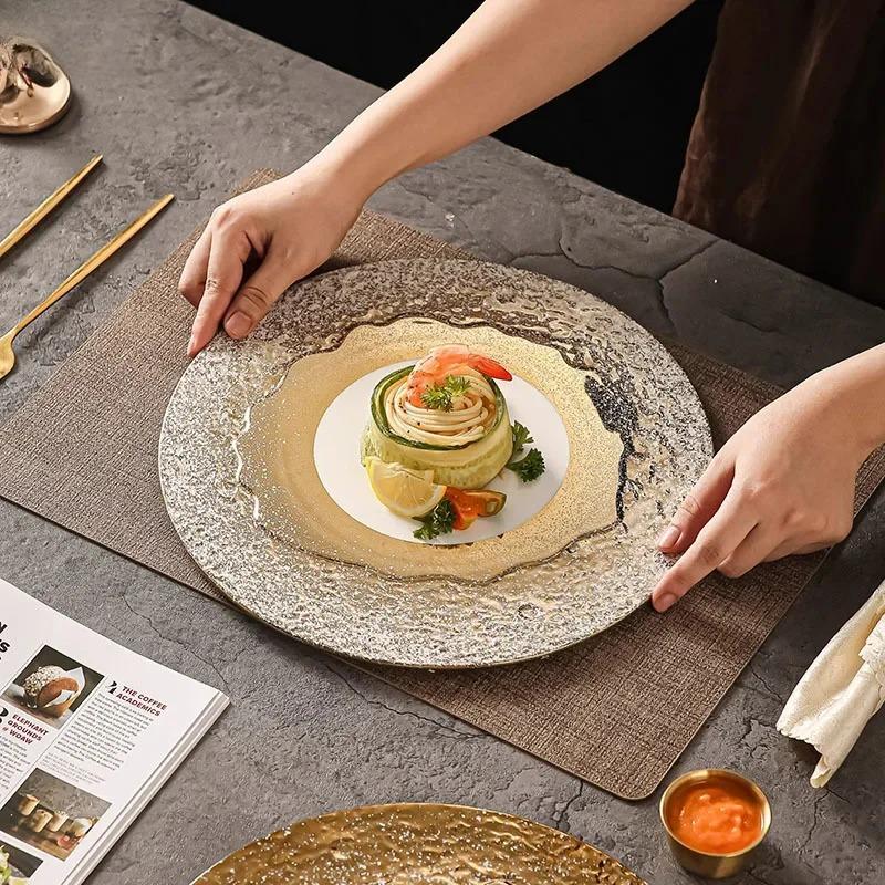 Steingemustertes Weißgold Keramik Flacher Teller Steakteller Dessertteller Sushi-Schale Kochplatten Restaurant Kreatives Geschirr