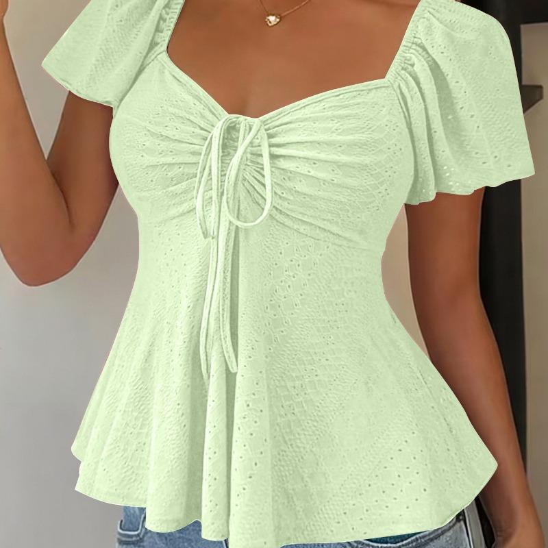 Damen V-Ausschnitt Kordelzug Tailliert Ausgeschnitten Kurzarm Freizeit T-Shirt