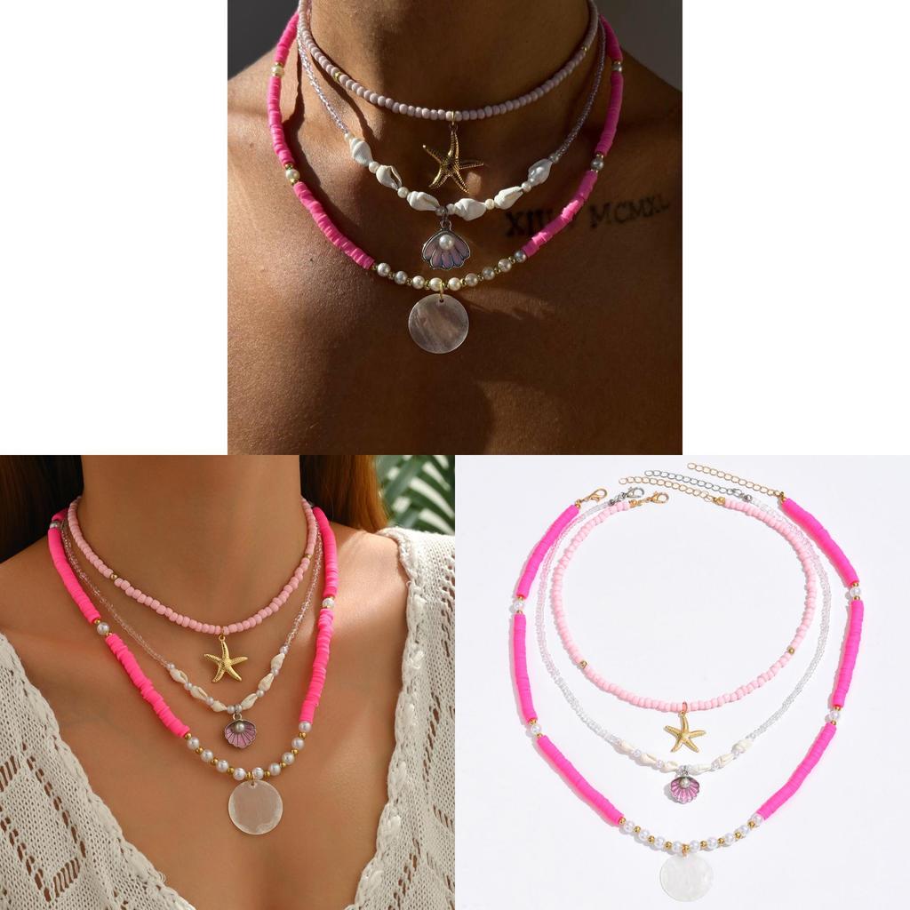 Soft Clay Layered Necklace With Shell Beads And Starfish For Women Summer Style