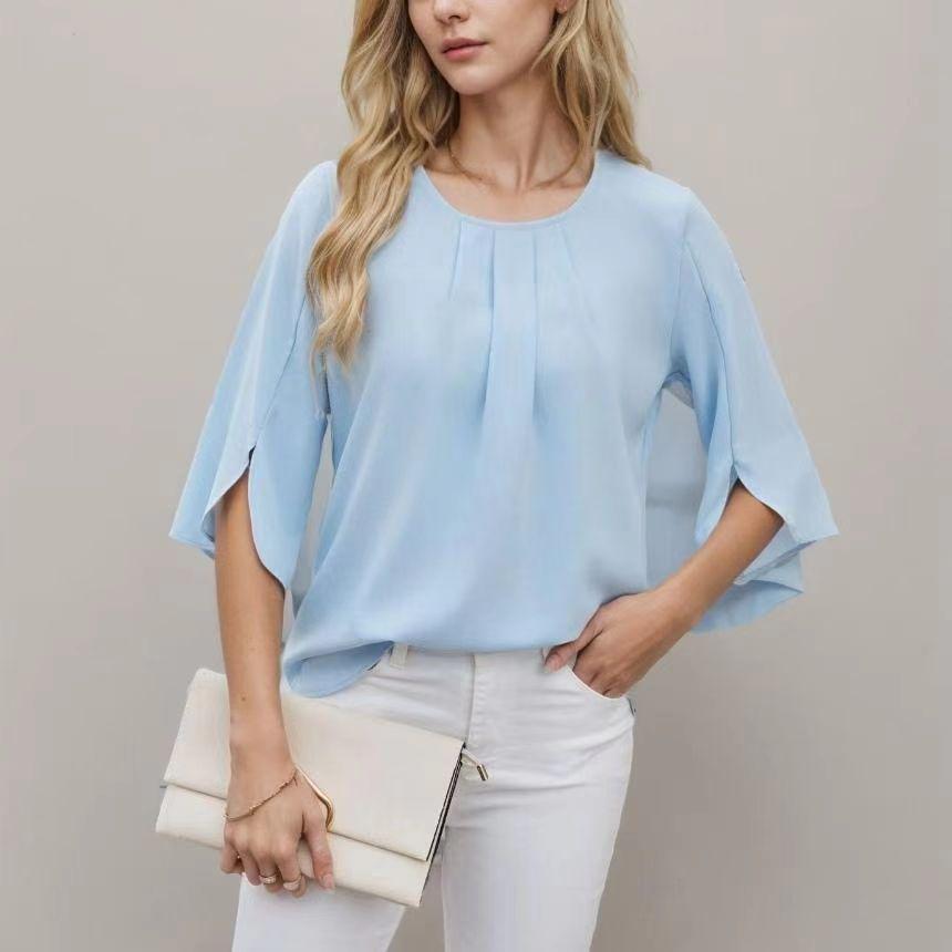 Blouse ample en mousseline de couleur unie à col rond et manches cinq points pour femme, style européen et américain