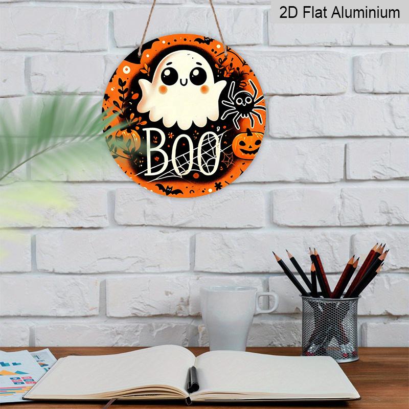 2D Flat, 1pc Halloween Ghost Aluminum Ornament, Circular Wall Craft, Suitable for Wreath Center, Wall And Room Decor - Durable, Easy-To-Clean Holiday