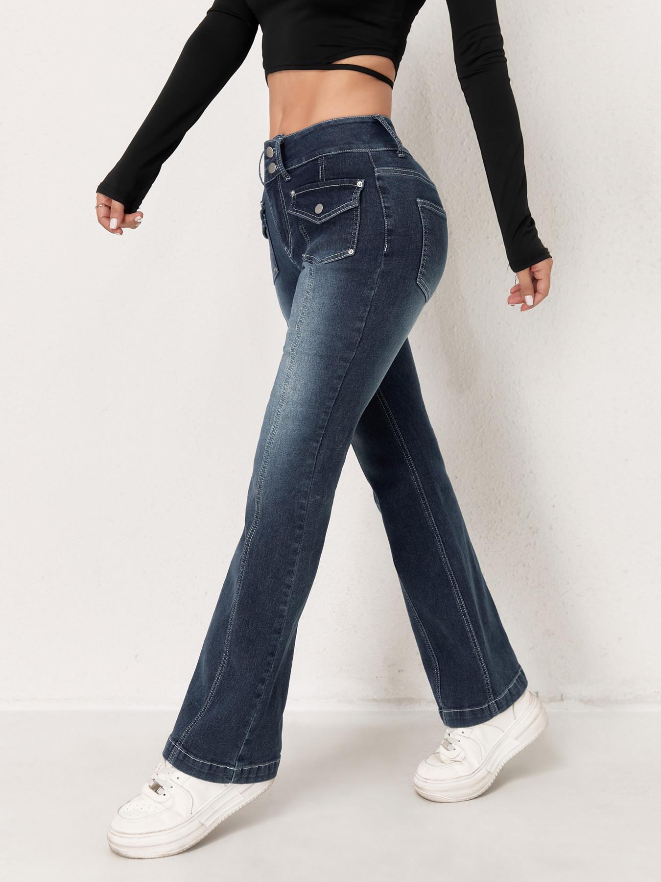 2026 Trendy High-Waisted Double Button Flare Skinny Jeans M