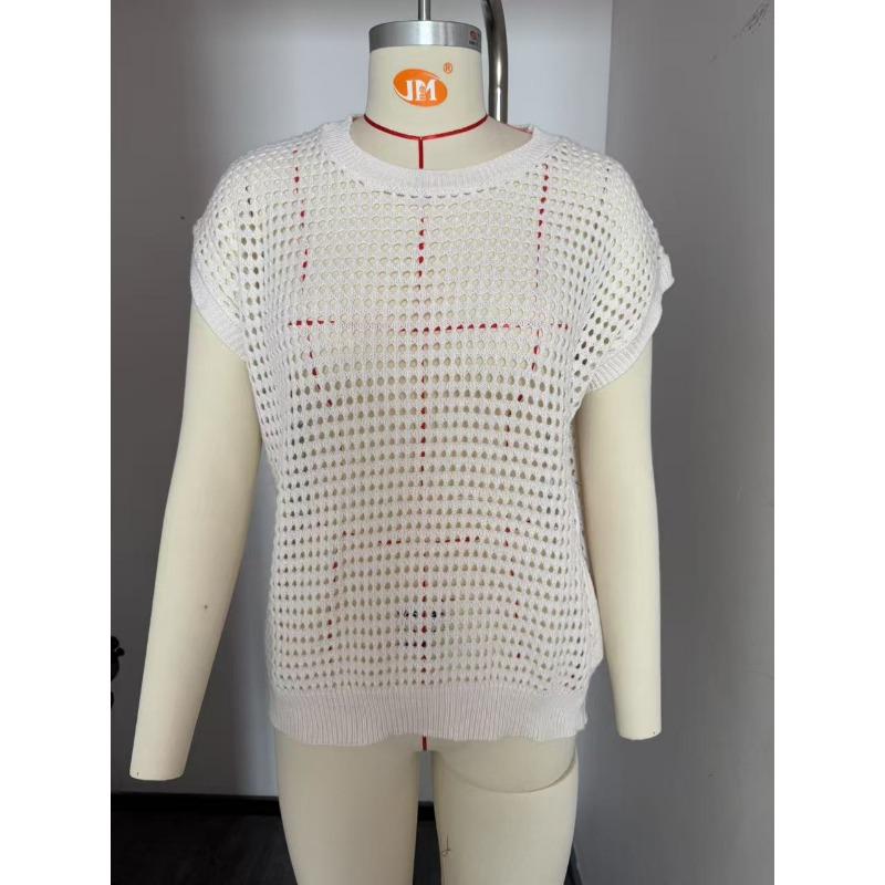 

2025 лето новый женский трикотажный топ с круглым вырезом и ажурным узором, солнцезащитный XL