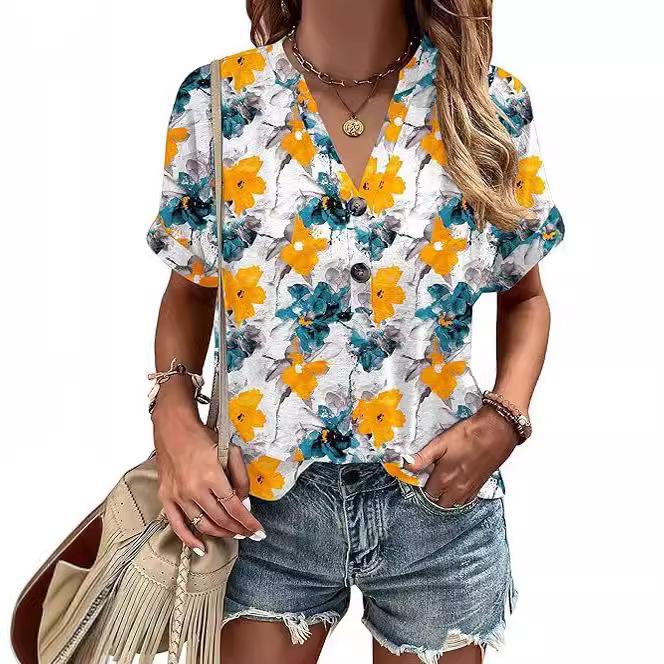 Summer Casual V-neck Small Floral Print Short Sleeved Top Button Loose Women's T-shirts