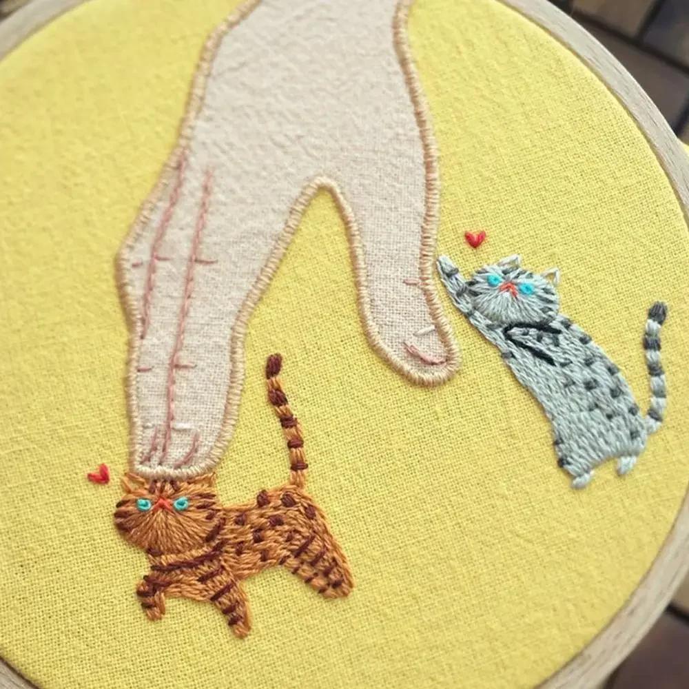 DIY Flower Cat Embroidery Handcraft Needlework Cross Stitch Kit Cotton Embroidery Painting Embroidery Hoop Home Decor