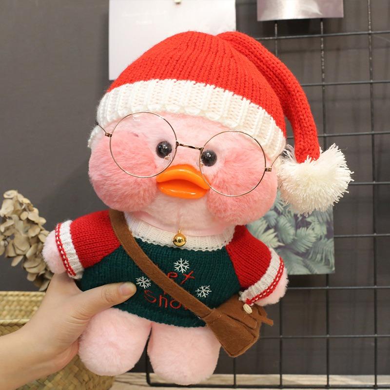 30cm Charming Cafe Pink Duck Stuffed Plush Animals Toy Wear Goggles and Hoodie Soft Doll Girl Birthday Creative Gift for Girls