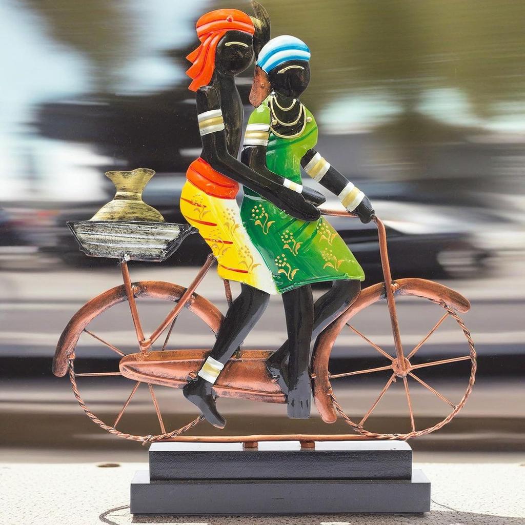 Handcrafted Ethnic Tribal Bicycle Couple Showpiece - 16x13 Inch Tribal Home Décor with Wooden Base for Housewarming, Anniversaries
