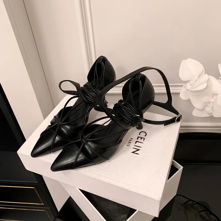 Fashion Pointy 8cm Slim High Heels Sandals Graduation Ceremony Crossed Buckle Roman Black Short Skirt Sexy Sandals