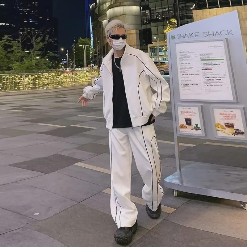 Men's Trendy Loose-Fit Sports Suit: Korean-Style Solid Color Jacket & Casual Pants Two-Piece Set for Spring/Autumn.