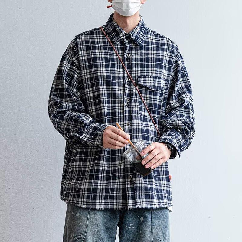 

2024 Клетчатая рубашка с длинным рукавом в японском стиле Гонконга Ins Свободная рубашка для мальчиков Летнее модное универсальное повседневное пальто 3XL чёрный