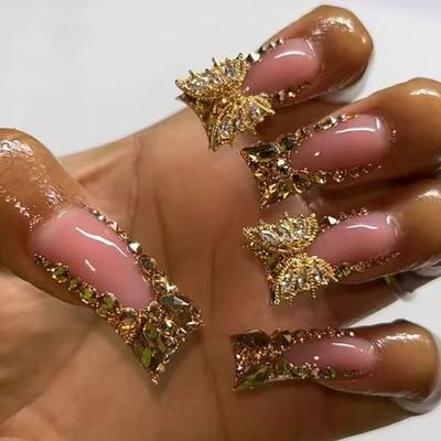 24 Pcs Butterfly Artificial Nail French Tip Press On Nail Glittering False Nail Duck Shaped Stick On Nail for Party