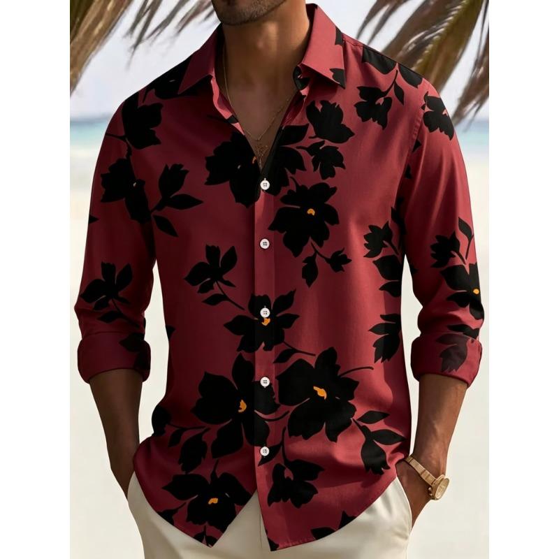 Herrenbluse mit Blumenprint, langen Ärmeln und Kragen für Urlaub und Freizeit, Strandreise-Trend, Herrenbekleidung