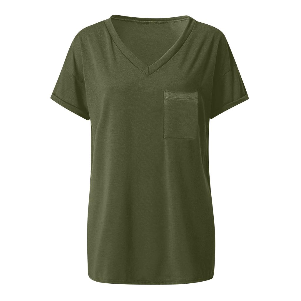 Women's Fashion Spring/summer V-neck Pocket T-shirt With Rolled Edge Short-sleeved Loose Top