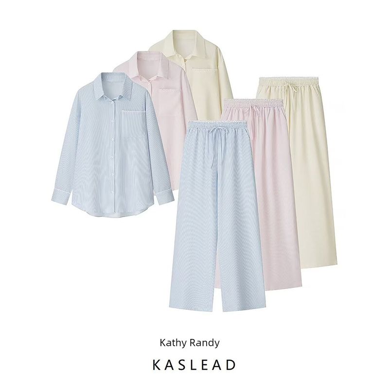 Kaslead New Women clothes Western Style Fashion Multicolor Stripe Shirts Top Casual Trousers Set