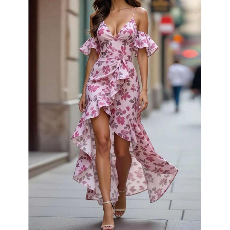 Europe, America 2026 summer new design floral irregular elegant holiday style dress women S