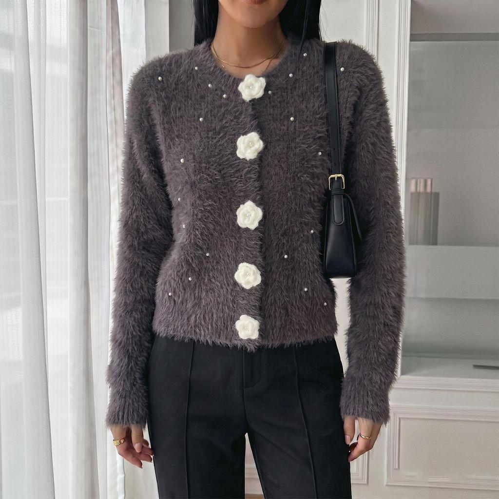 Women's Fashion Knit Cardigan Sweater with Flower Buttons