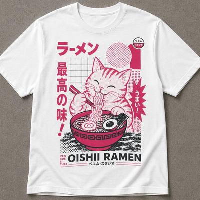 Kawaii Cat Eating Ramen T-Shirt | Cute Japanese Retro Oishii Foodie Graphic Tee