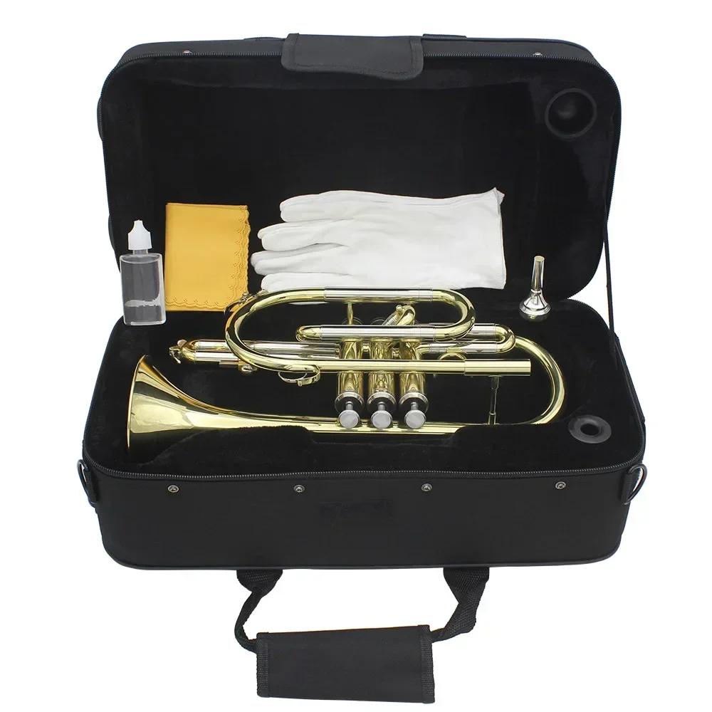 Professional Bb Cornet B Flat Gold Plated Brass Cornet Instrument with Mouthpiece Gloves Cleaning Cloth Carrying Case Parts