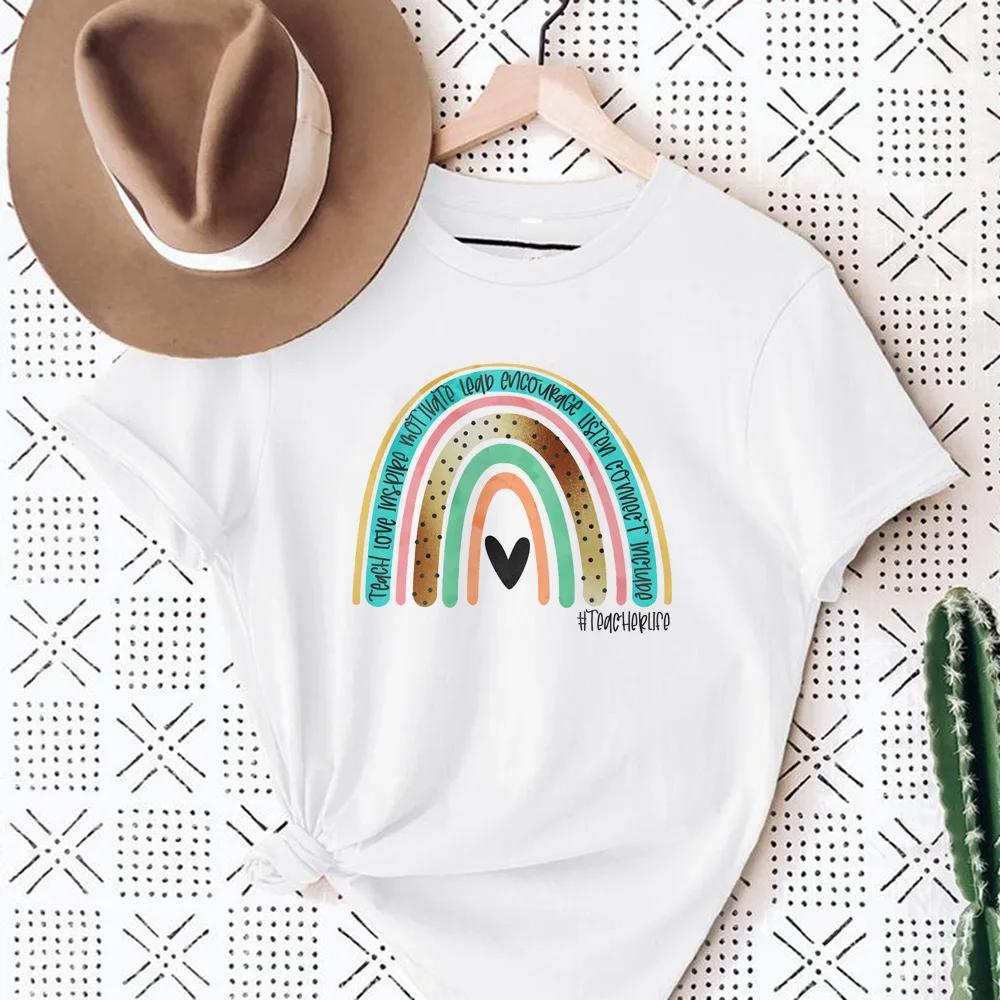 Womens Teach Love Rainbow Mama Graphic TShirt Harajuku Style Aesthetic Rainbow Print Modal Dress Casual Top for Women Cartoon