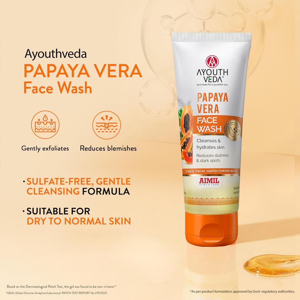 Ayouthveda Papaya Vera Face Wash with Real Papaya Extract for Dry to Normal Skin | Deep Cleansing, Removes Dullness, Dark Spots & Impurities | Hydr