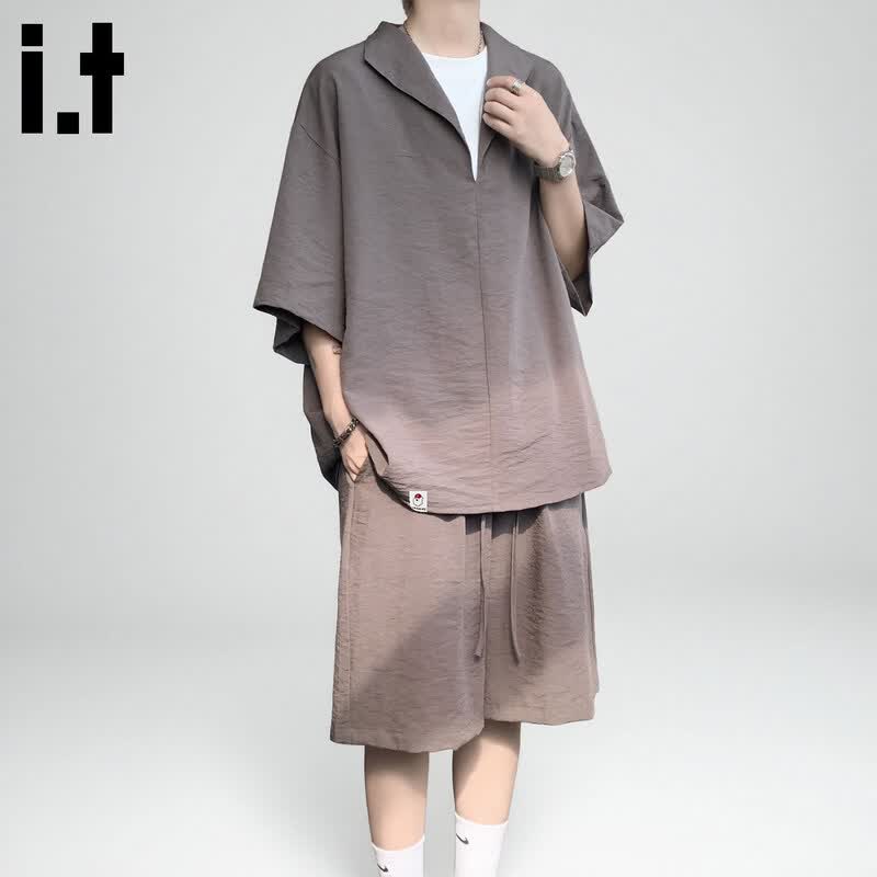 CHOCOOLATEit Men's Ice Silk Linen Short Sleeve Shirt & Shorts Set