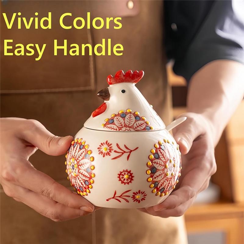 A84E-Large Salt Cellar With Lid And Spoon(13 OZ), Salt Holder For Counter, Chicken Salt Jar, Coffee And Candies Storage
