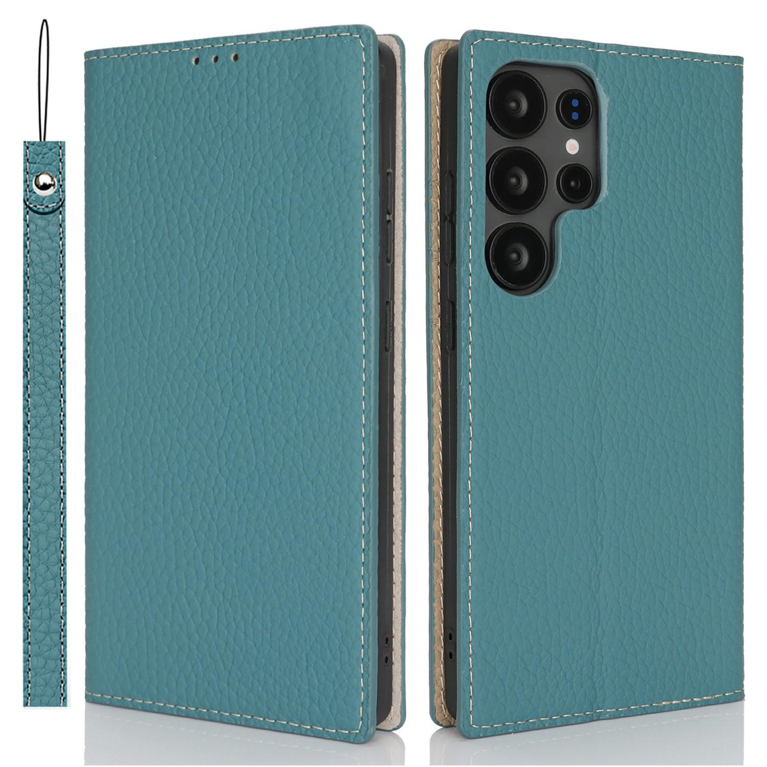 

For Samsung Galaxy S25 Ultra Wallet Case Genuine Cow Leather Phone Cover Litchi Texture Baby Blue
