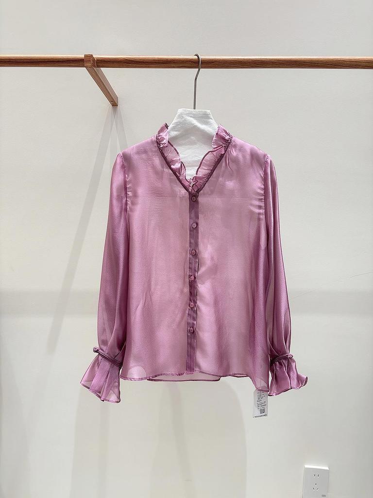 Zhi He Tang Women's Soft Silk Ruffle V-Neck Long-Sleeve Shirt, Designer Style, Versatile and Youthful.
