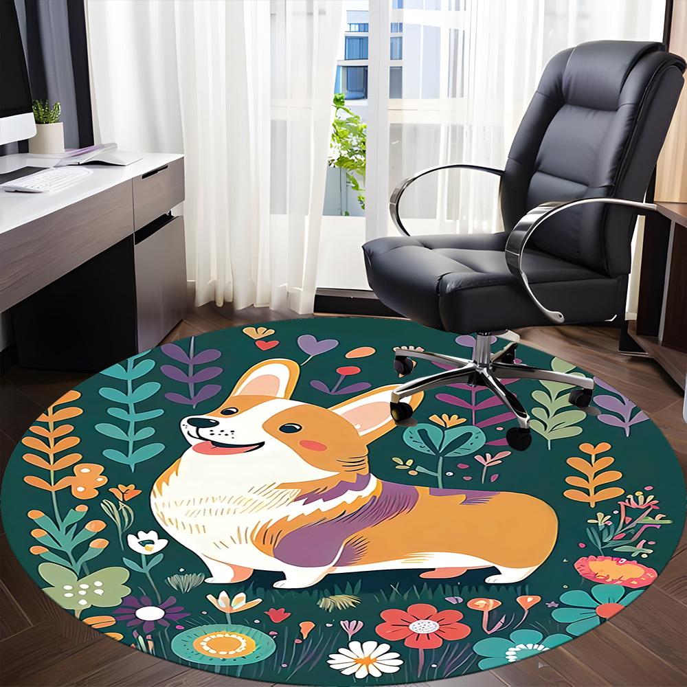 1pc Floral Corgi Office Round Area Rug, Under Office Chairs Bedroom Living Room Home Decor, Room Deco