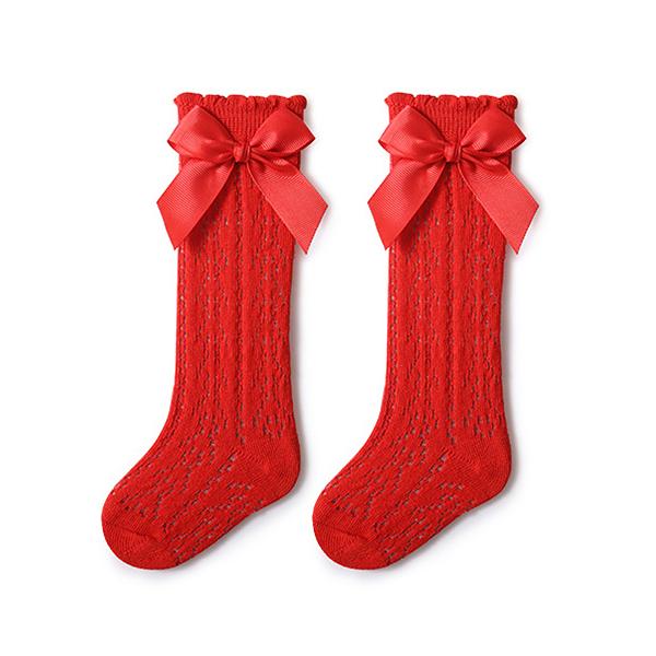 Cute Girls Knee High Socks Bows Cotton Breathable Soft Children Socks Hollow Out Non-slip Newborn Infant Long Mesh Socks 0-3Yrs