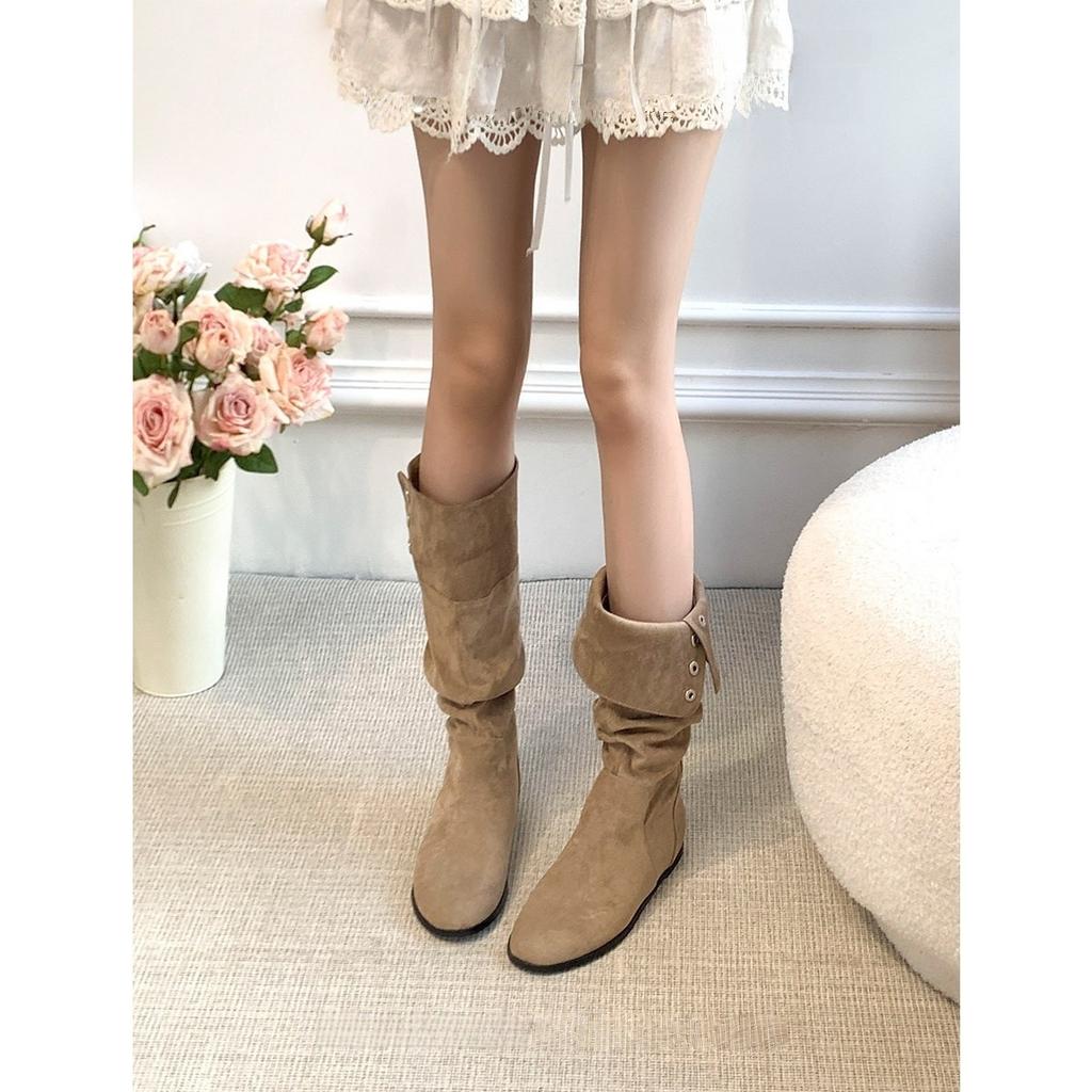 Zamszowe buty płaska podeszwa okrągły nosek dwukrotnego użytku cienkie zachodnie kowbojki buty rycerskie damskie