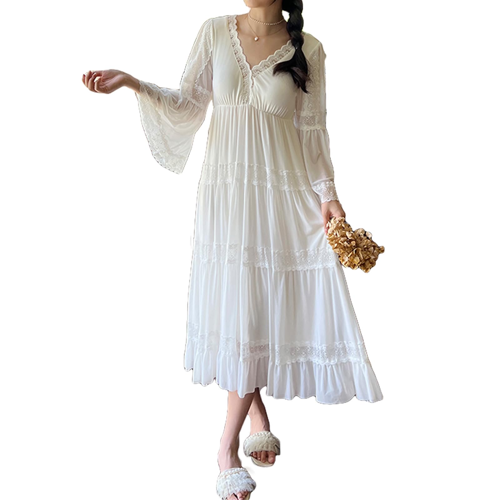 

Nightgown Long Dress Princess Style V Neck Bell Sleeve Long Sleeve Ruffle Embroidery Lace One Size Fits [DEEPEYES] #07 Women s (White, Most) білий