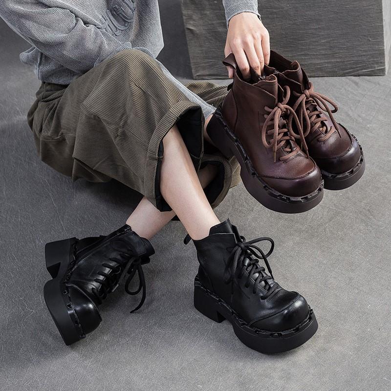 Fashion GKTINOO 2025 Winter New Retro Height Increase Thick Soled Ankle Boots Versatile and Comfortable Genuine Leather Women's Shoes