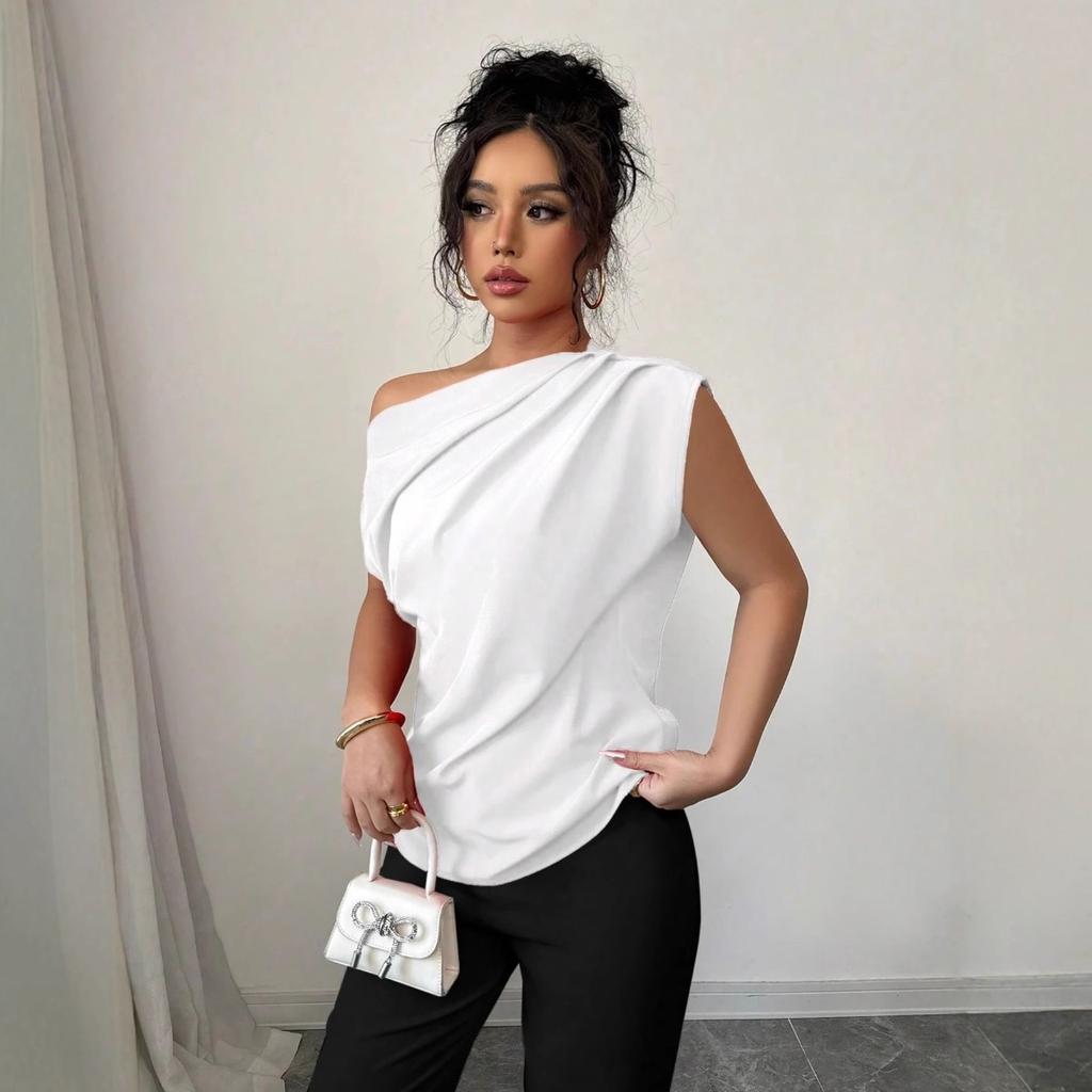Women's Off Shoulder Sleeveless Solid Color Top Relaxed Fit Elegant Ruched Commuter Blouse