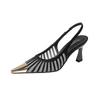 619-2 Temperament Striped Pointed High Heels Women's Versatile Fashion Mesh Stitching Hollow Commuter Bag Head Sandals Women