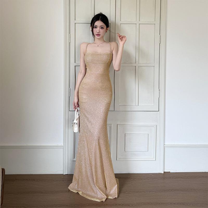 Ilya Sexy Backless Strap Fishtail Evening Dress Women, Autumn Hip-wrapped Suspender Dress